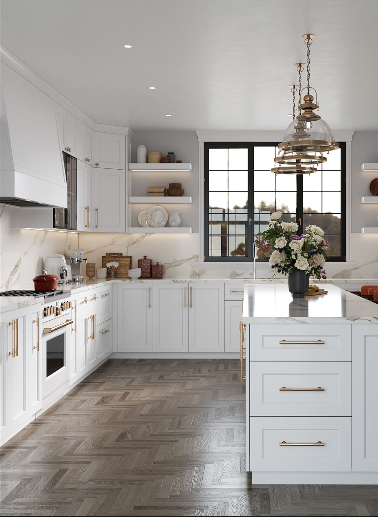 Premium white kitchen with gold hardware by Festbau