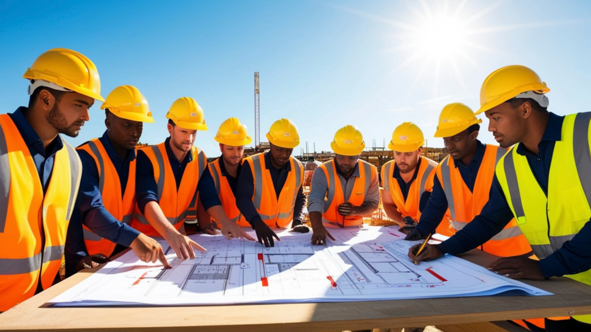 Construction team reviewing plans on site